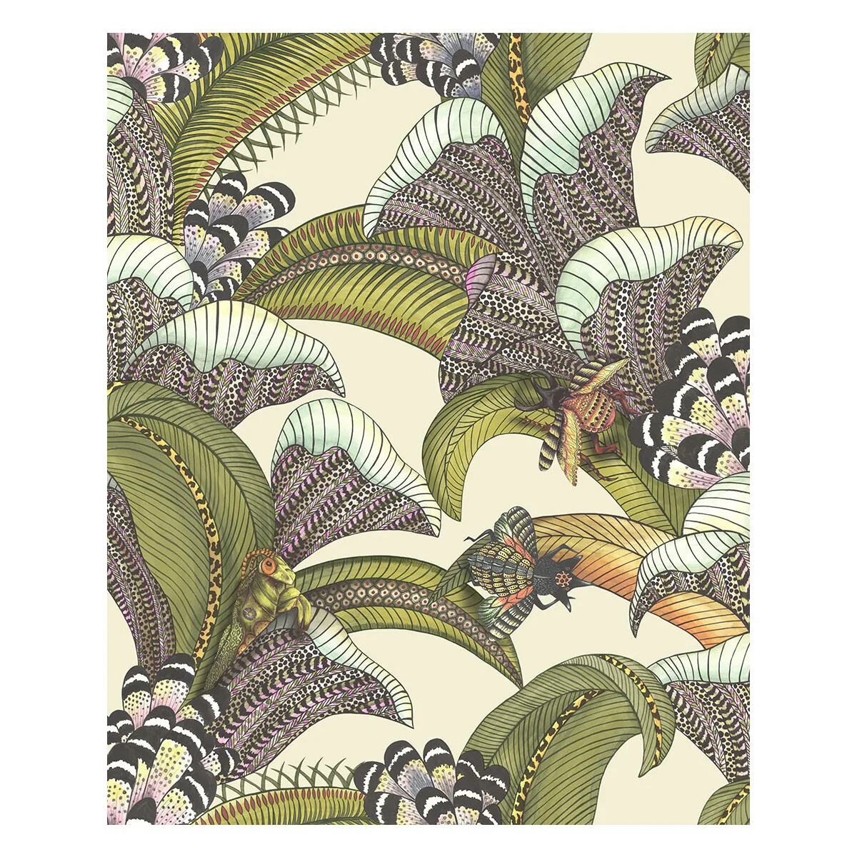 Hoopoe Leaves wallpaper in Olive/chart/fuchsia On Cream by Cole & Son, animal/insects pattern