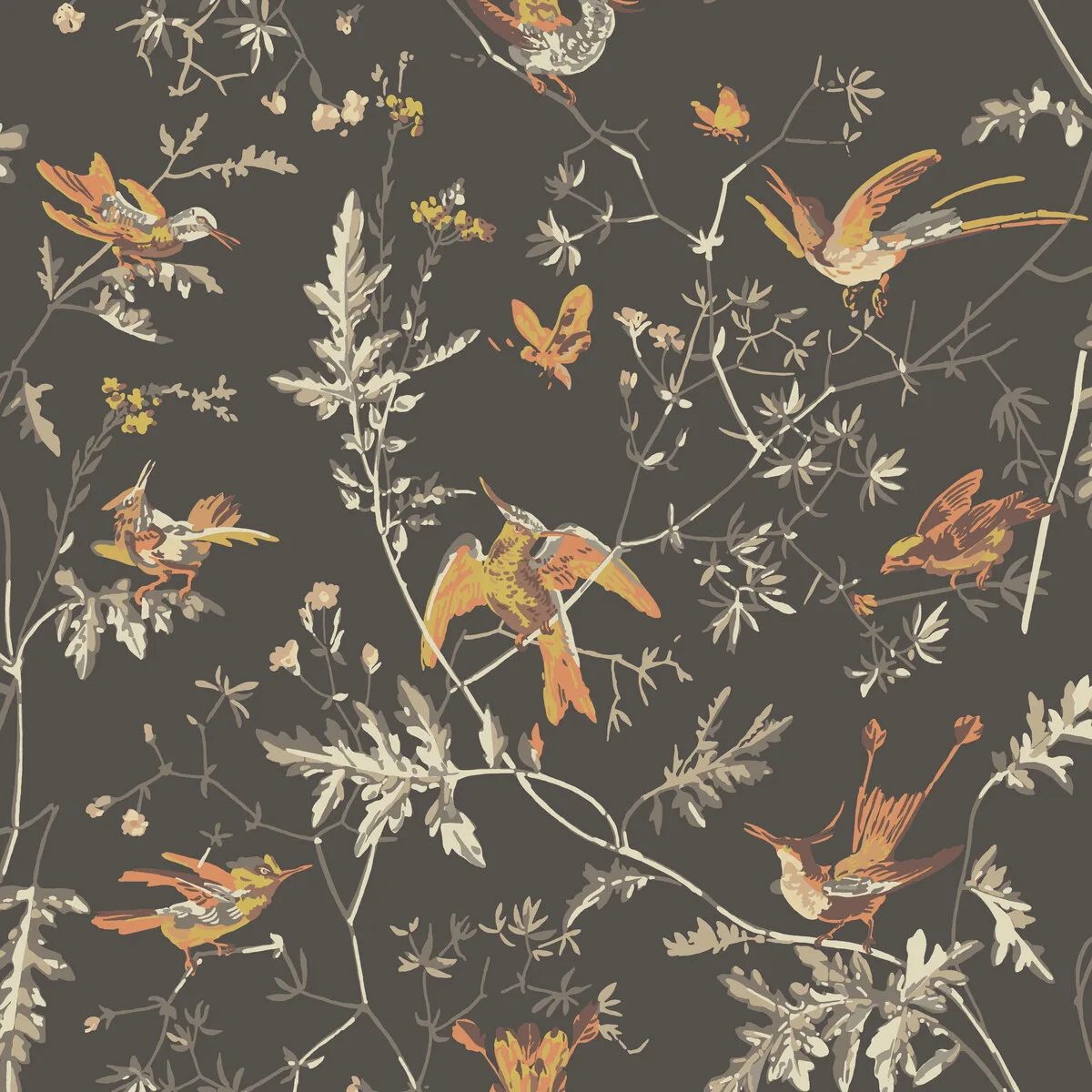 Hummingbirds wallpaper in Charcoal/ginger by Cole & Son, animal/insects pattern