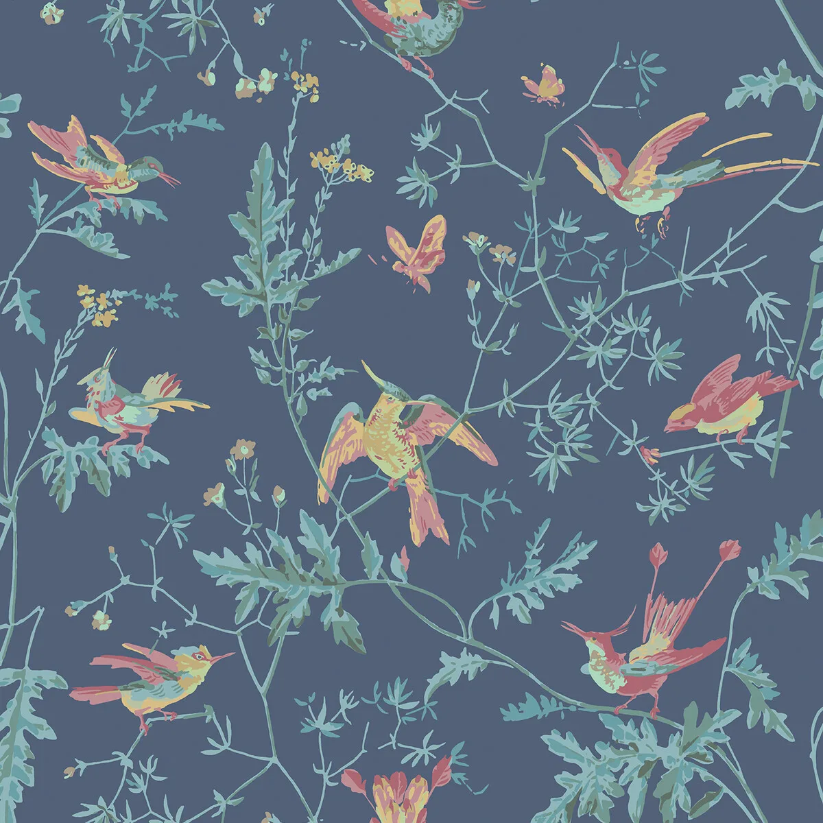 Hummingbirds Indigo Multi-colour Wallpaper - Selection of Hummingbirds Collection by Cole & Son - Shop Safe in Houston Wallpapering Hummingbirds wallpaper in Indigo Multi-colour by Cole & Son, animal/insects pattern