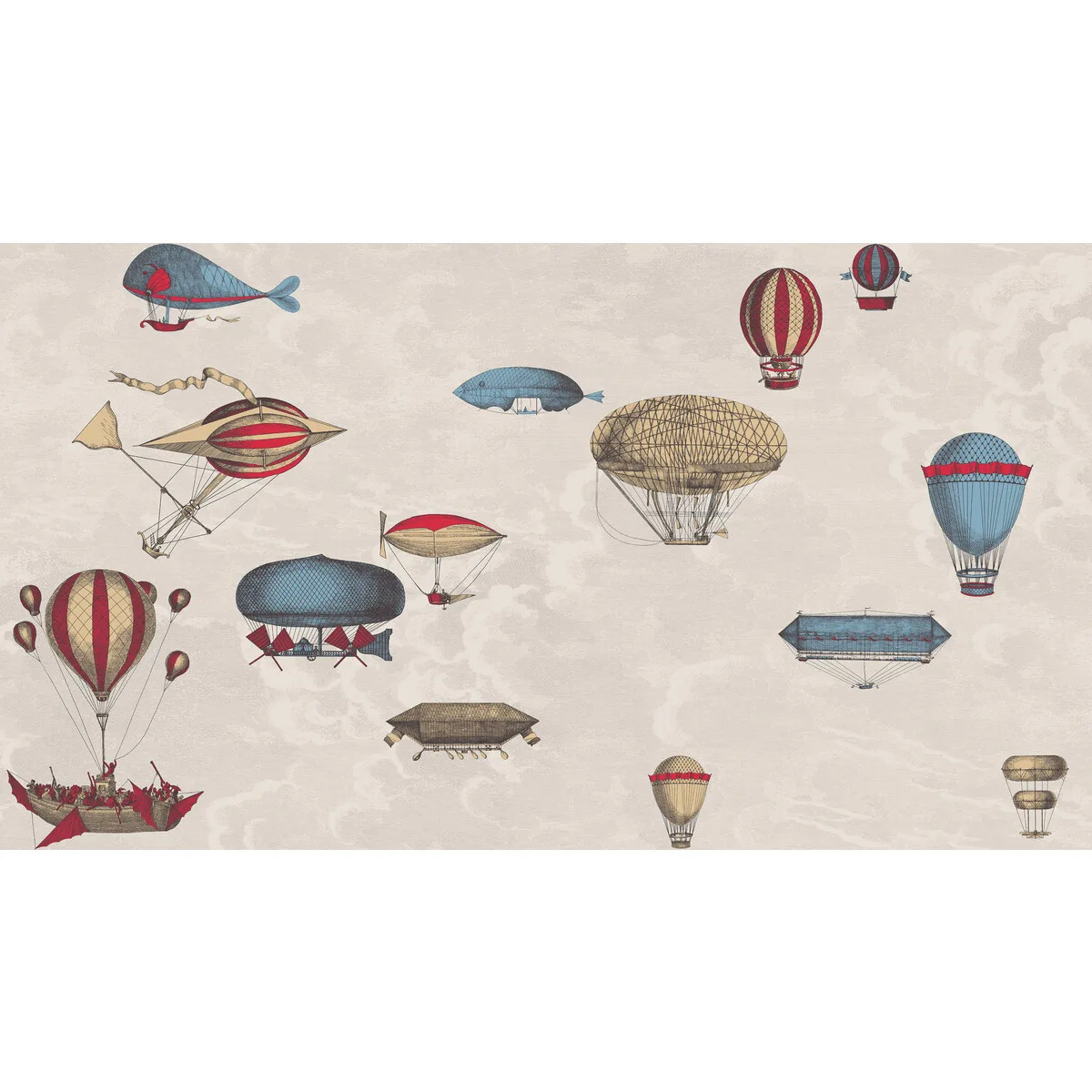 Macchine Volanti mural in Stone/rouge/blue by Cole & Son