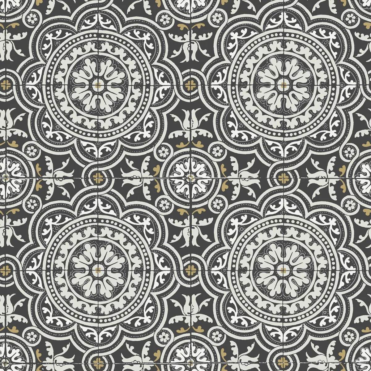 Piccadilly wallpaper in Grey and Metallic Gold On Black by Cole & Son, geometric pattern