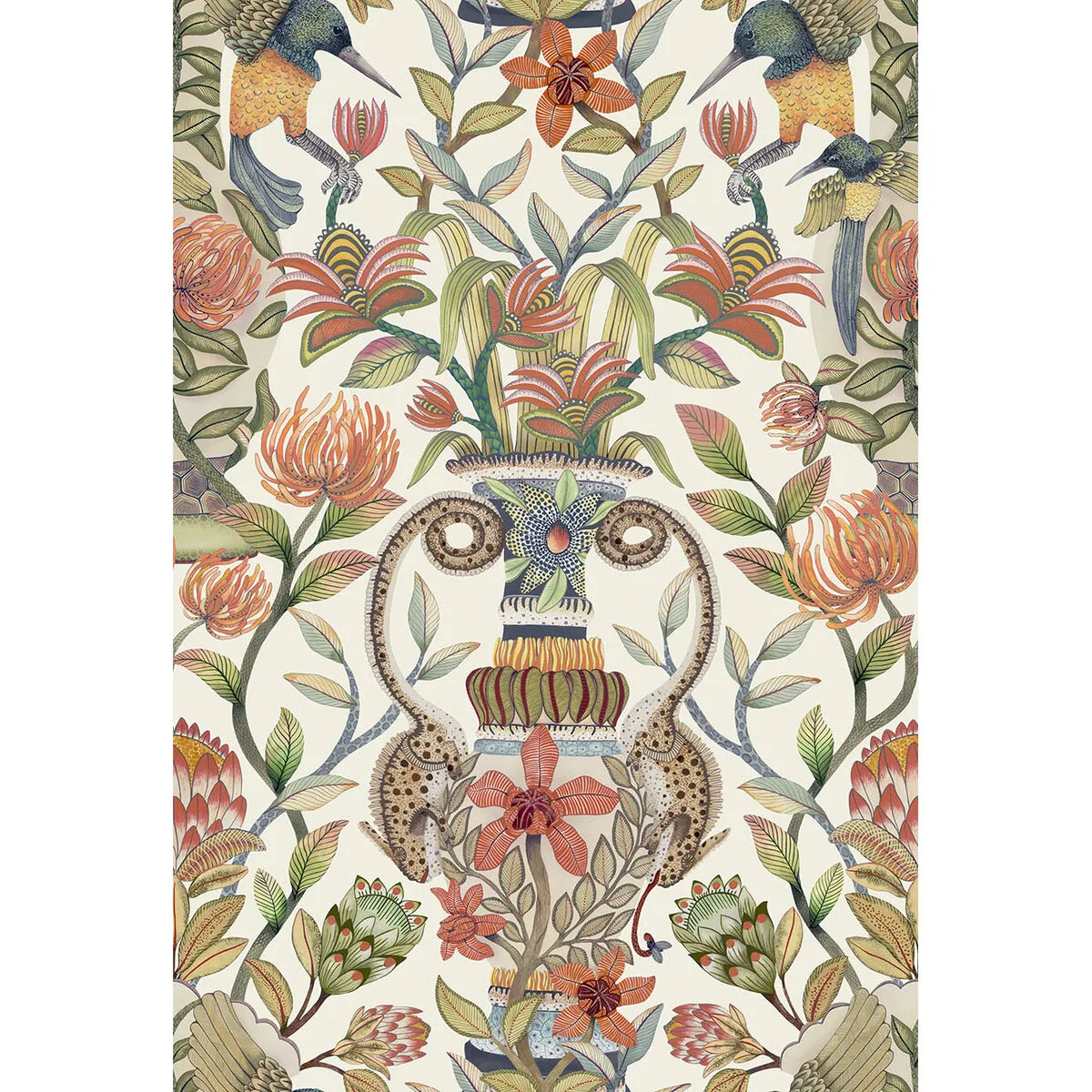 Protea Garden wallpaper in Ogrn and Tngrn/wht by Cole & Son, animal/insects pattern