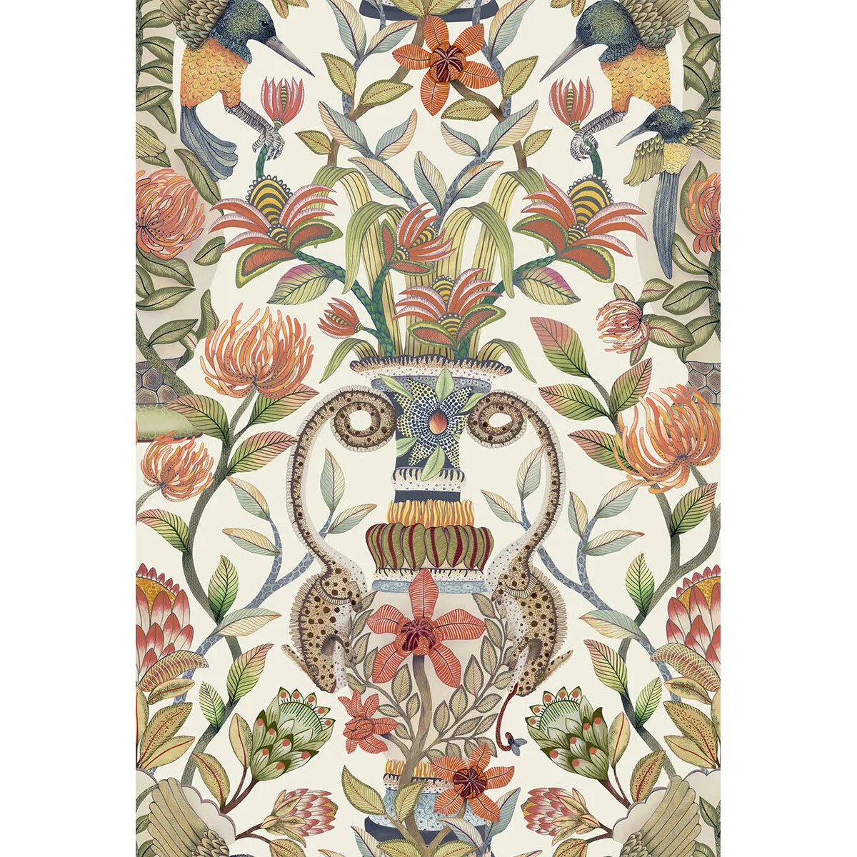 Protea Garden Silk wallpaper in Olvgrn and Tngrn/wht by Cole & Son, animal/insects pattern