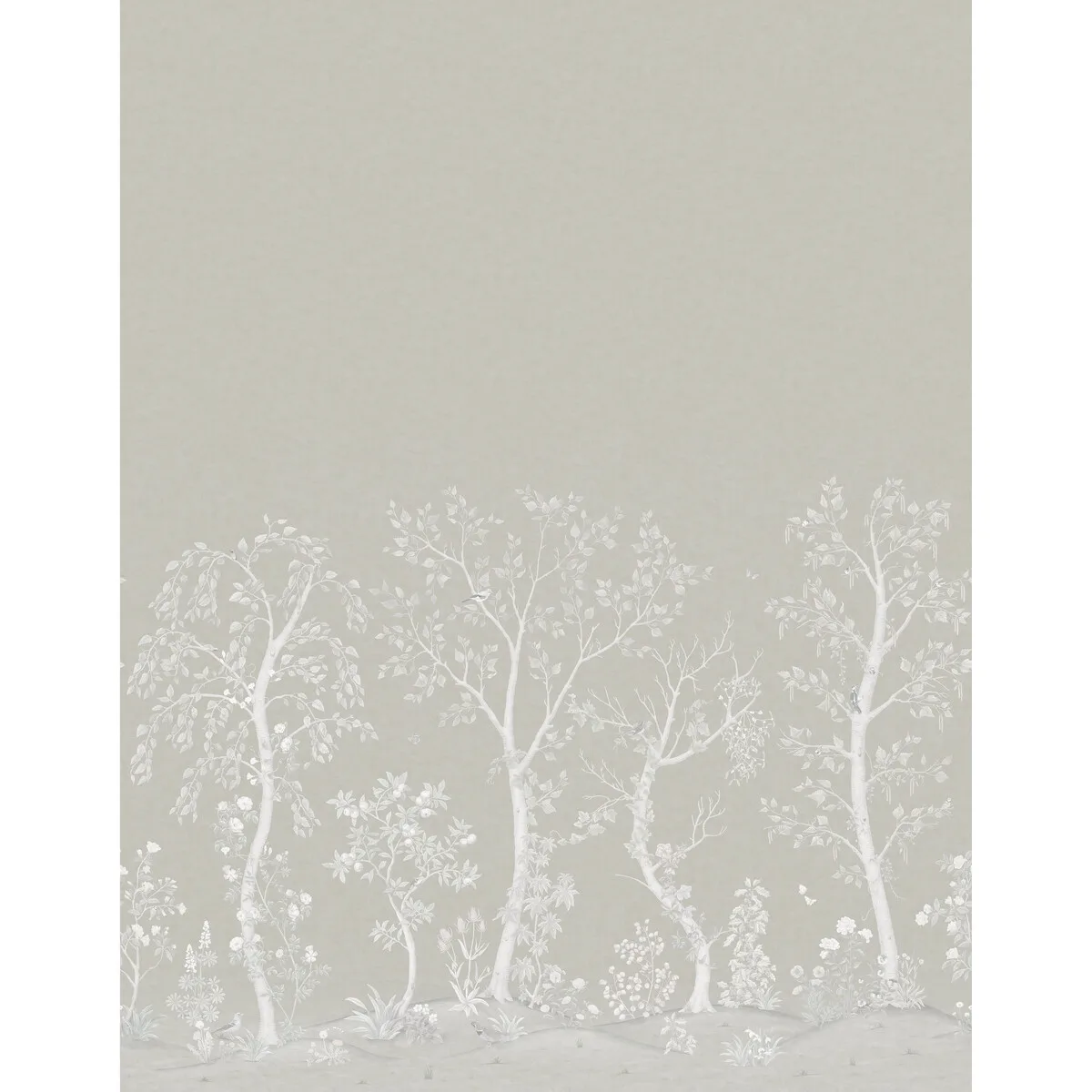 Seasonal Woods Metallic mural in Platinum by Cole & Son, animal/insects pattern