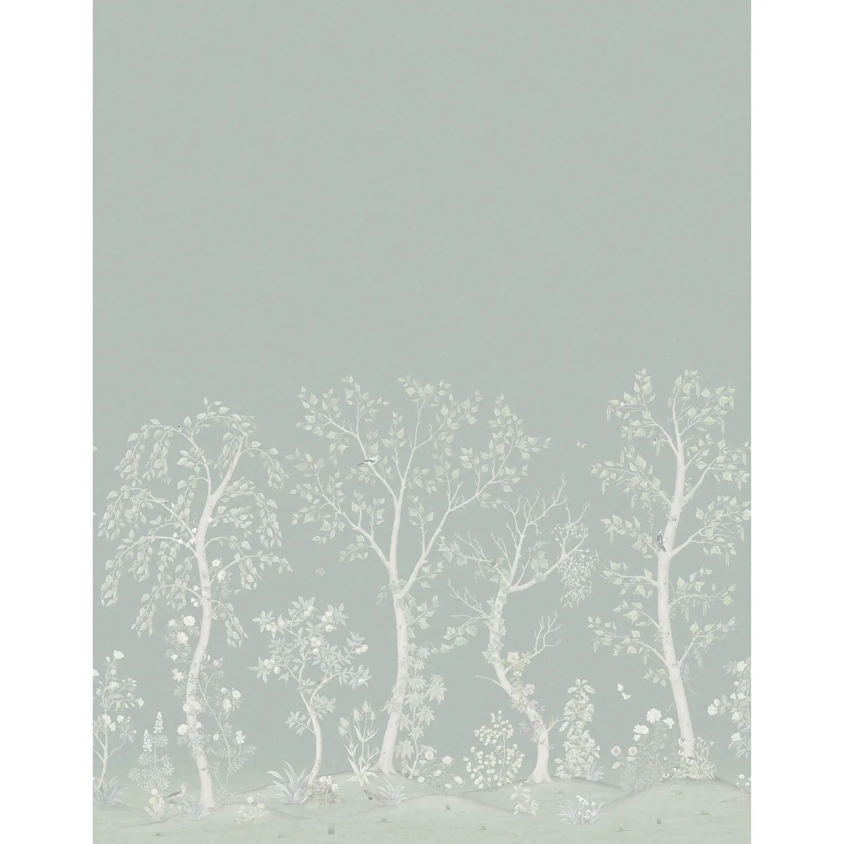 Seasonal Woods Silk mural in Jade / Sage Silk by Cole & Son, animal/insects pattern