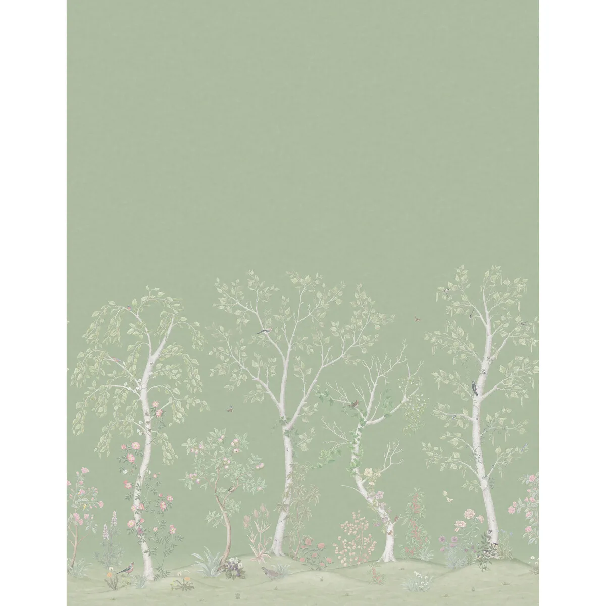 Seasonal Woods Silk mural in Olive Silk by Cole & Son, animal/insects pattern