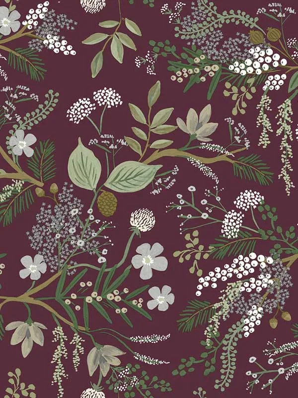 Juniper Forest Burgundy Wallpaper for Calm Bedrooms or Guest Rooms | Rifle Paper Co - Shop Safe in Houston Wallpapering burgundy patterned wallpaper for bedroom by Rifle Paper Co