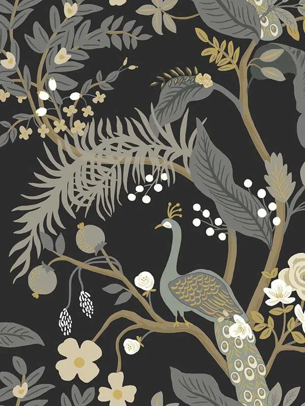 Peacock Black Wallpaper for Home Offices or Study Corners | Rifle Paper Co - Shop Safe in Houston Wallpapering black patterned wallpaper for bedroom by Rifle Paper Co