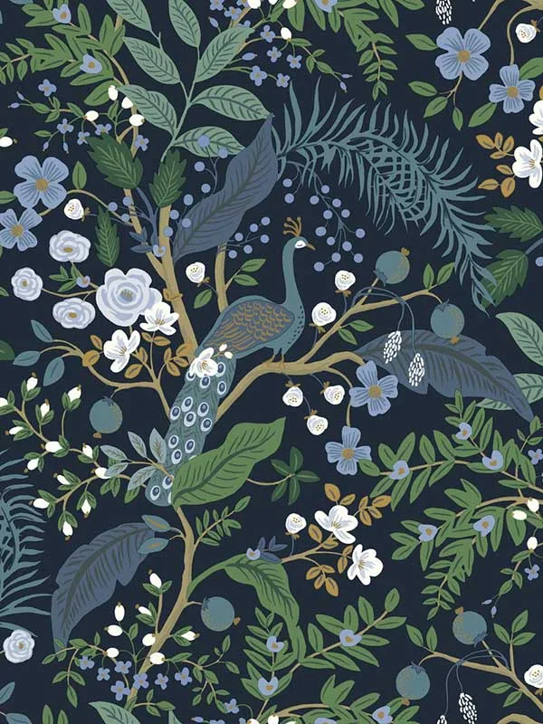 navy patterned wallpaper for bedroom by Rifle Paper Co