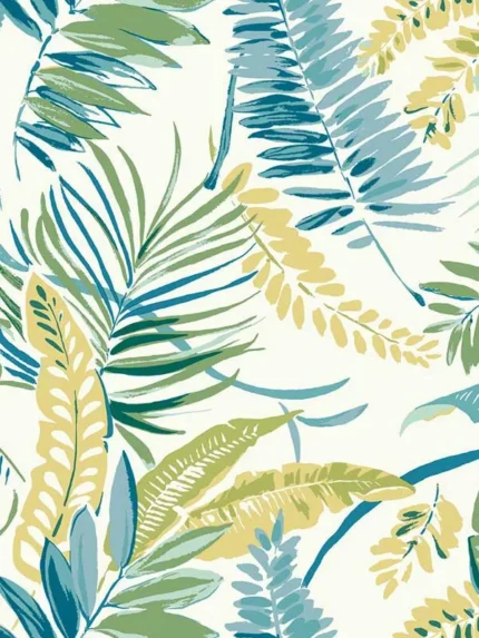 aqua and yellow botanical wallpaper for living room by York