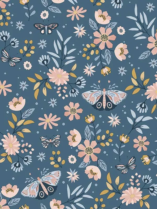 Vrkg01-185 Whimsical Meadow Blue Wallpaper for Bedrooms or Guest Spaces | Veer Decor - Shop Safe in Houston Wallpapering blue patterned wallpaper for bedroom by Veer Decor