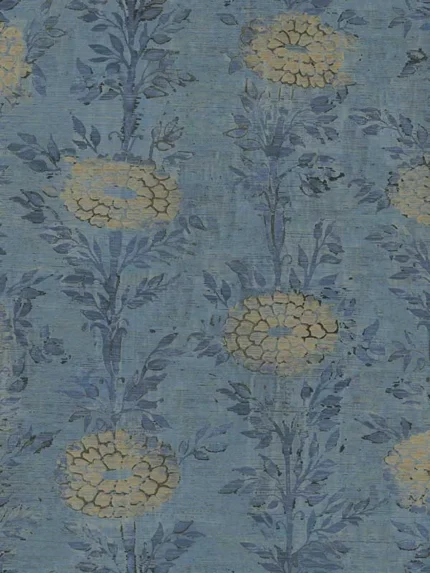 denim and gold patterned wallpaper for bedroom by Ronald Redding
