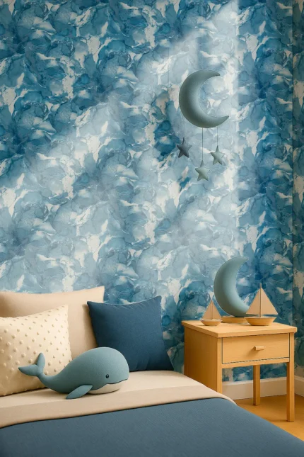 Kids Abstract Wallpaper by Wow - Premium in Denim Blue with White