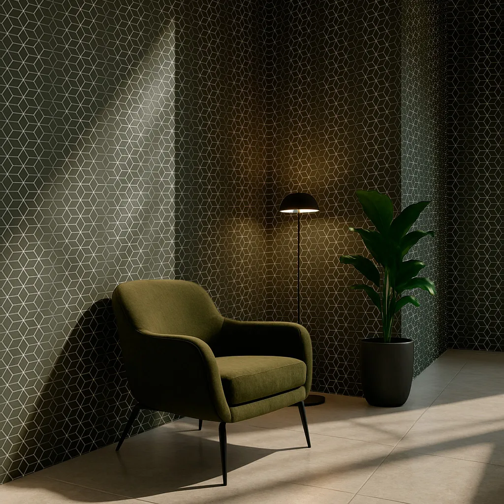 m19708 Rain Geometric Wallpaper by Wow - Modern in Forest Green with Silver - Image 1