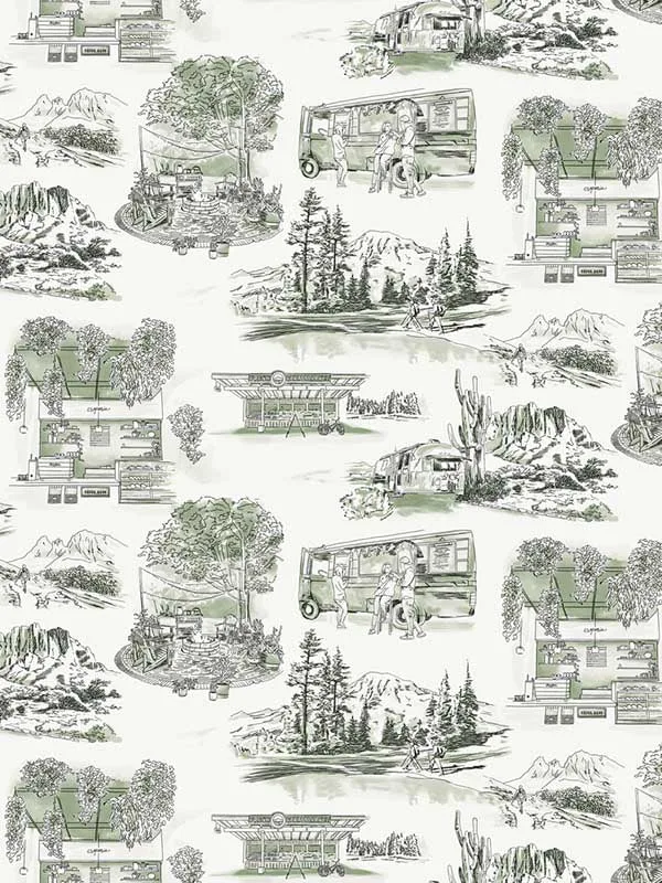 Modern Vista Toile Evergreen Wallpaper for Dining Rooms or Kitchens | York - Shop Safe in Houston Wallpapering evergreen toile wallpaper for dining room by York