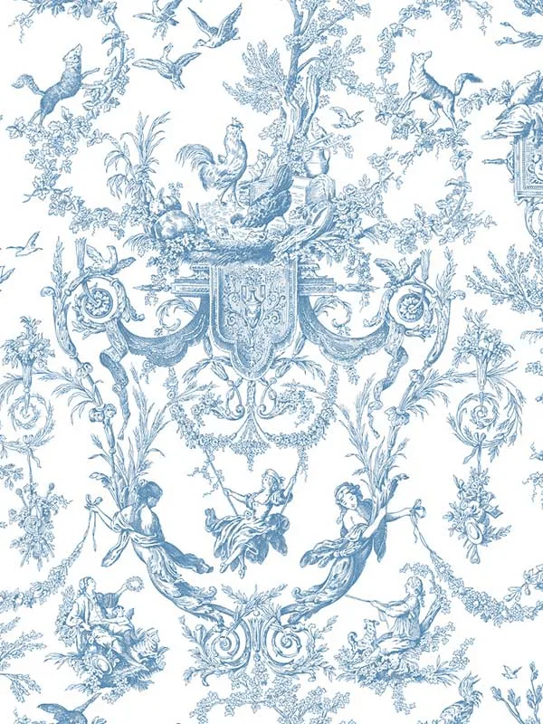 blue and white toile wallpaper for dining room by York