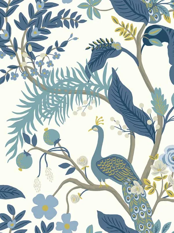 blue and white patterned wallpaper for bedroom by Rifle Paper Co