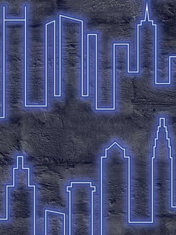 Vrlo01-135 Neon City Skyline Blue Wallpaper for Hallways or Living Rooms | Veer Decor - Shop Safe in Houston Wallpapering blue patterned wallpaper for bedroom by Veer Decor