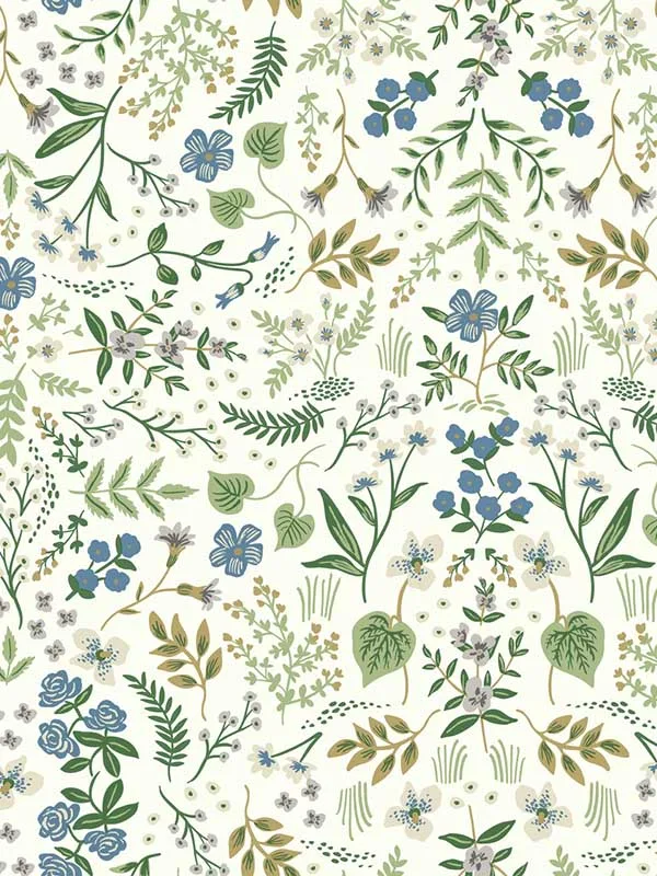 blue and green wood wallpaper for bedroom by Rifle Paper Co