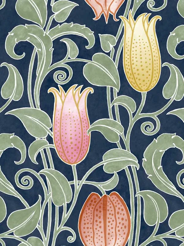 navy patterned wallpaper for bedroom by Ronald Redding