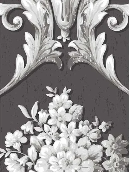 metallic dark grey white floral wallpaper for dining room by Patton Norwall