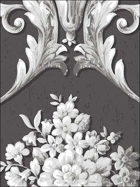 metallic dark grey white floral wallpaper for dining room by Patton Norwall