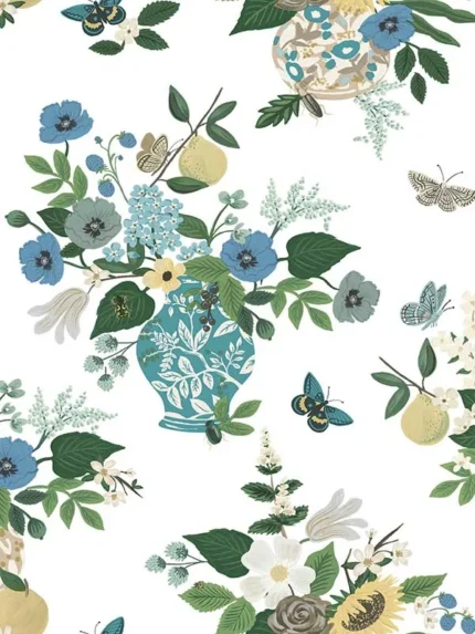 blue floral wallpaper for bedroom by Rifle Paper Co