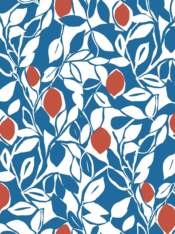 Loretto Citrus Blue Wallpaper for Living Rooms or Bedrooms | a Street Prints - Shop Safe in Houston Wallpapering blue patterned wallpaper for bedroom by A Street Prints