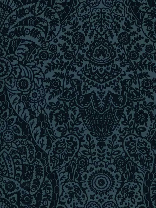 indigo damask wallpaper for dining room by A Street Prints