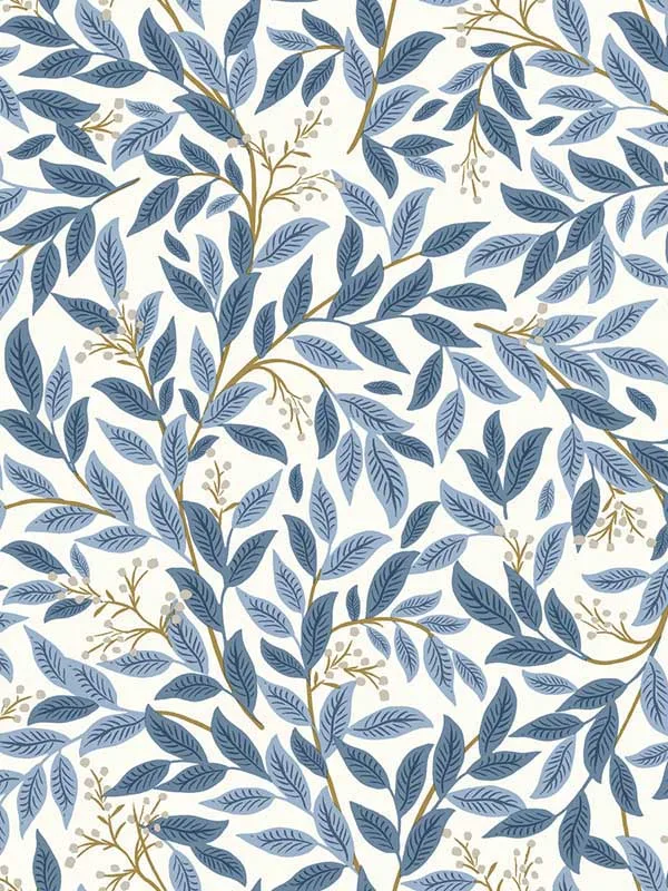blue and white patterned wallpaper for bedroom by Rifle Paper Co