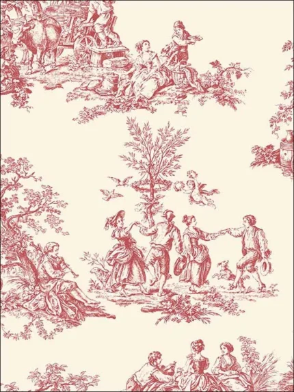 toile red cream toile wallpaper for dining room by Patton Norwall