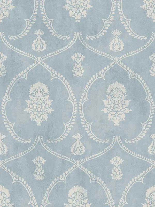 blue damask wallpaper for dining room by Ronald Redding