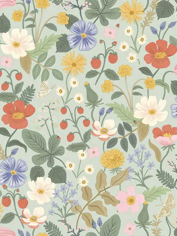 Strawberry Fields Green and Pink Wallpaper for Modern Living Rooms or Media Rooms | Rifle Paper Co - Shop Safe in Houston Wallpapering green and pink patterned wallpaper for bedroom by Rifle Paper Co