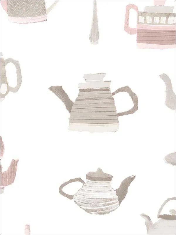 Tea Pots Pink Grey Wallpaper for Bold Accent Walls in Living Areas | Patton Norwall - Shop Safe in Houston Wallpapering pink grey patterned wallpaper for bedroom by Patton Norwall
