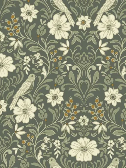 olive damask wallpaper for dining room by Magnolia Home  by Joanna Gaines