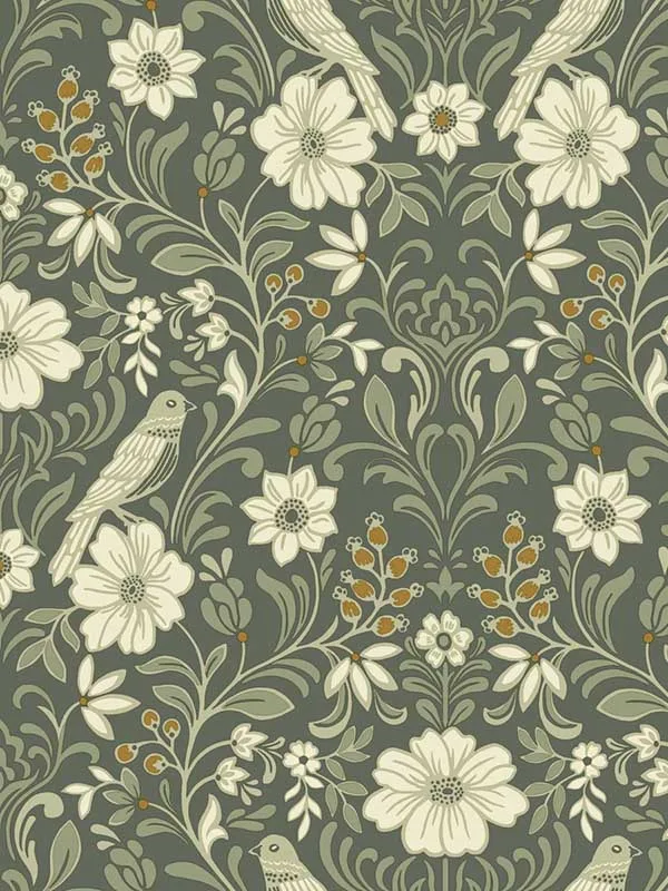 olive damask wallpaper for dining room by Magnolia Home  by Joanna Gaines