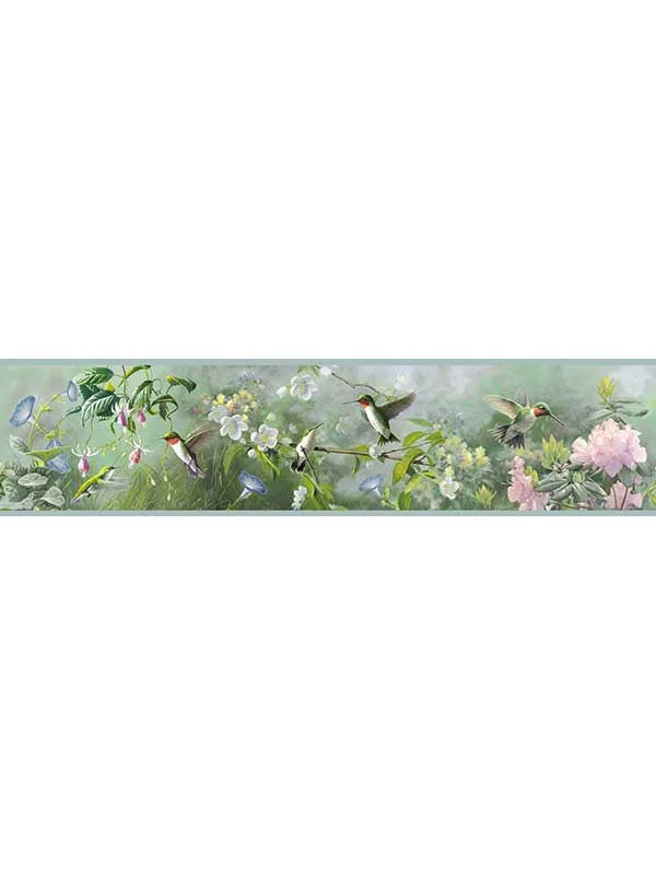 Ruby Hummingbird Garden Light Blue Border Wallpaper for Calm Bedrooms or Guest Rooms | Chesapeake - Shop Safe in Houston Wallpapering light blue patterned wallpaper for bedroom by Chesapeake