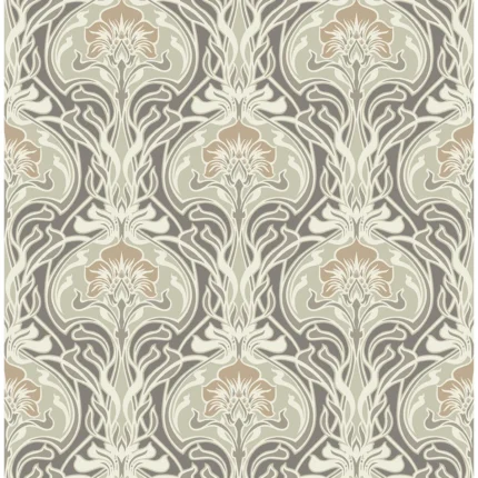 Mucha Dark Grey Botanical Ogee Wallpaper wallpaper by York Wallcoverings