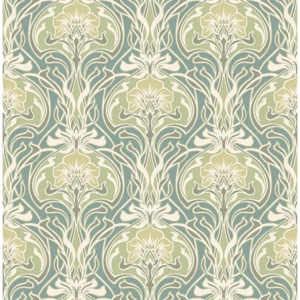 Mucha Teal Botanical Ogee Wallpaper wallpaper by York Wallcoverings