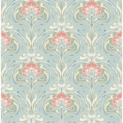 Mucha Light Blue Botanical Ogee Wallpaper wallpaper by York Wallcoverings