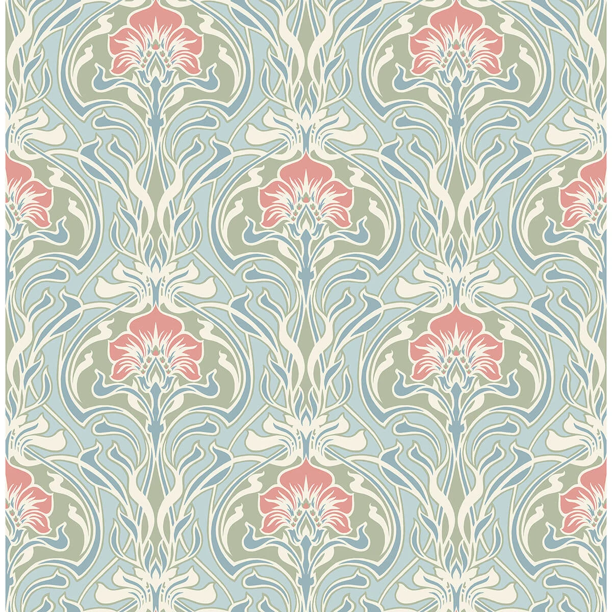 Mucha Light Blue Botanical Ogee Wallpaper wallpaper by York Wallcoverings