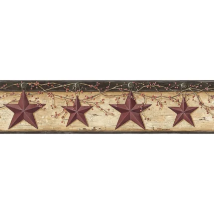 Ennis Maroon Rustic Barn Star Border wallpaper by York Wallcoverings