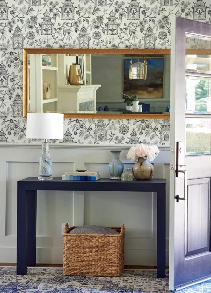 Helaine Charcoal Pagoda Wallpaper wallpaper by York Wallcoverings