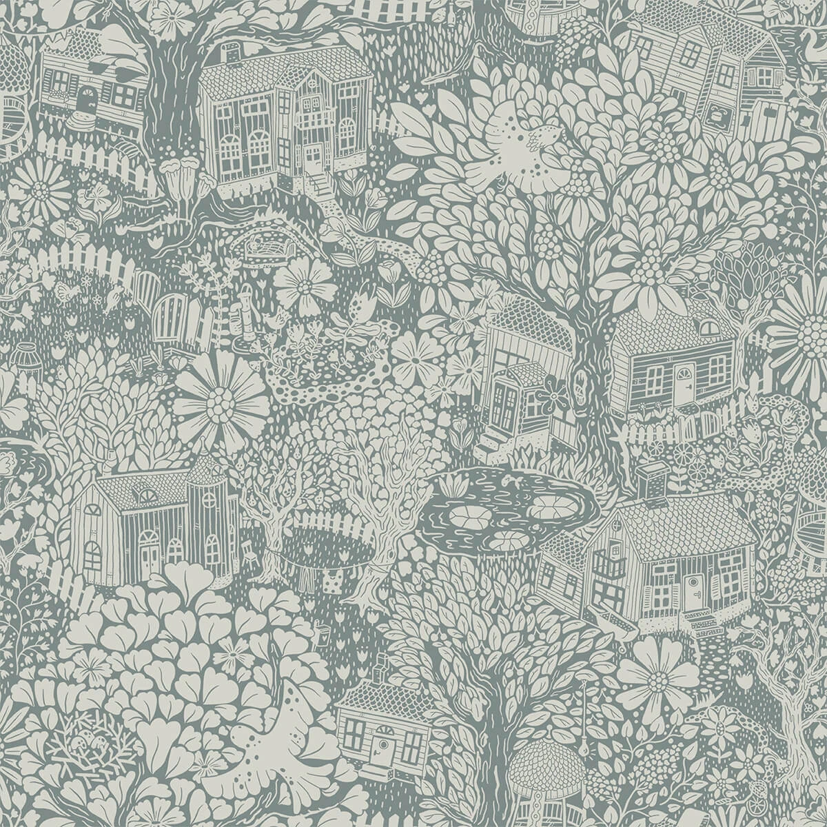 Bygga Bo Blue Woodland Village Wallpaper wallpaper by York Wallcoverings