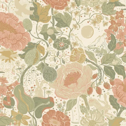 Vaxa Green Rabbits Rosehips Wallpaper wallpaper by York Wallcoverings