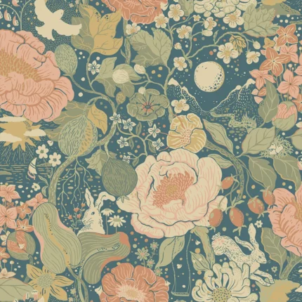 Vaxa Teal Rabbits Rosehips Wallpaper wallpaper by York Wallcoverings