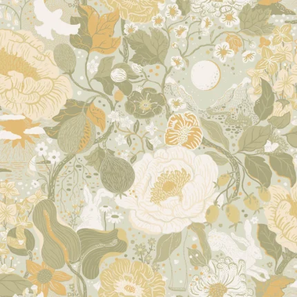 Vaxa Light Grey Rabbits Rosehips Wallpaper wallpaper by York Wallcoverings