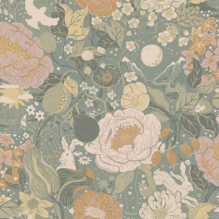 Vaxa Slate Rabbits Rosehips Wallpaper wallpaper by York Wallcoverings
