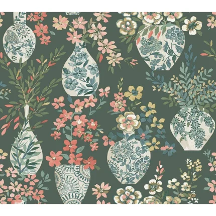 Harper Green Floral Vase Wallpaper wallpaper by York Wallcoverings