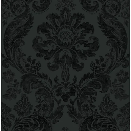 Shadow Black Flocked Damask Wallpaper wallpaper by York Wallcoverings